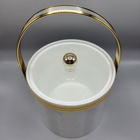 Vintage Mid Century Modern MCM Silver Gold Ice Bucket Clear Lid & Metal Handle - Picture 2 of 14